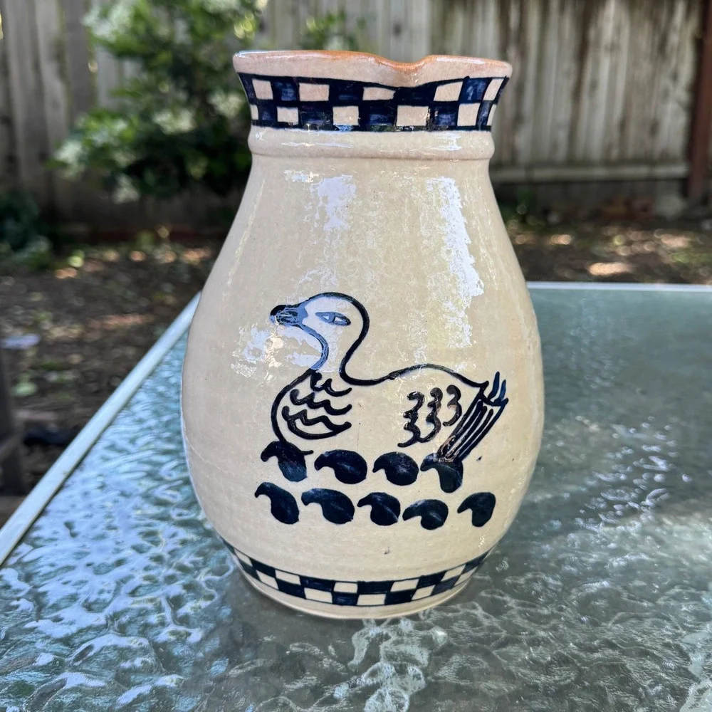 Vintage Hand Painted Stoneware Pitcher Blue Cobalt‎ Duck Folk Art Pottery 9 inch